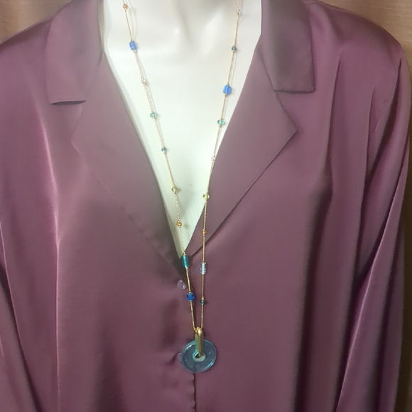 Anne Klein Gold-Tone Long Necklace with Blue and Aqua Beads